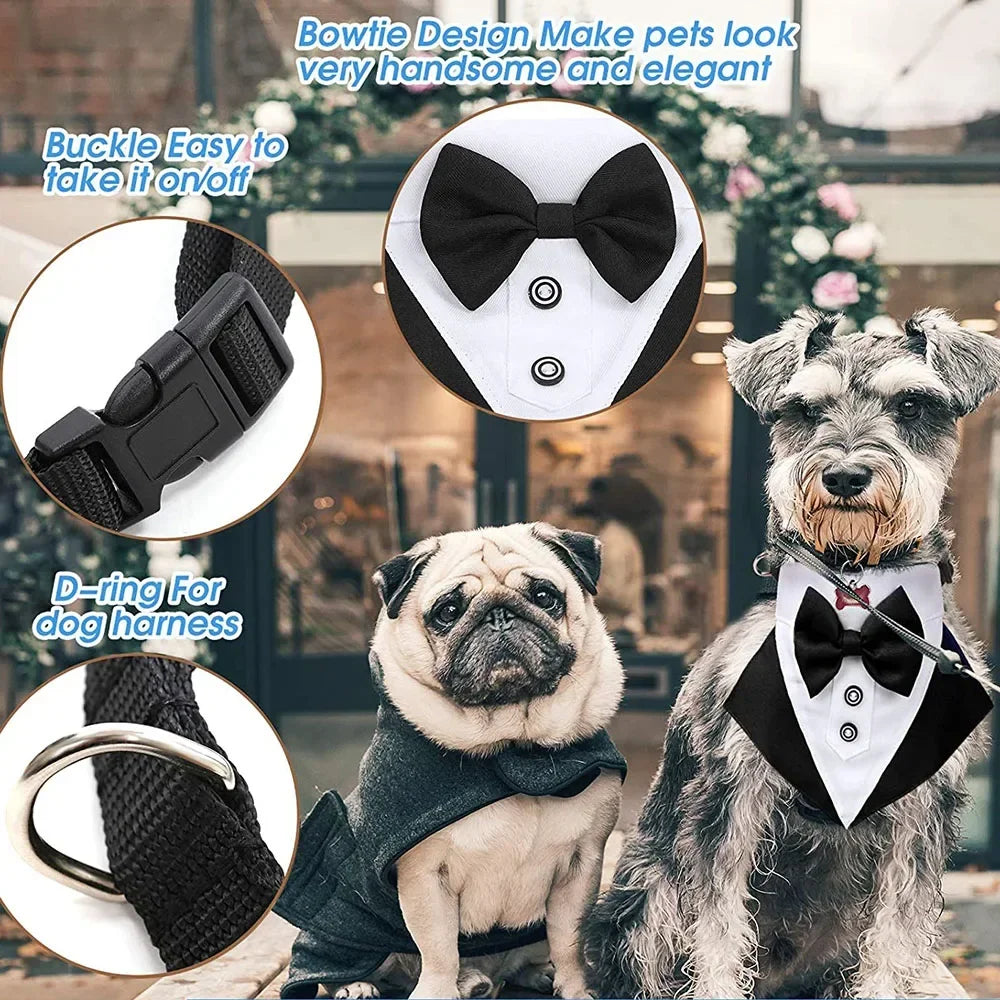 Formal Dog Tuxedo Wedding Bandana Collar with Bow Tie Adjustable Pet Neck Tie Neckerchief Bandana for Small Medium Large Dogs